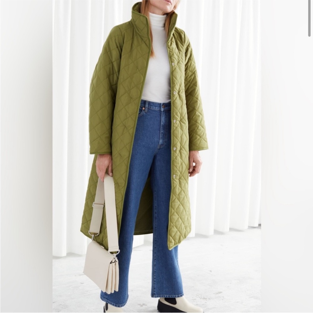 & Other Stories Long Green Quilted Coat - Picture 3 of 7